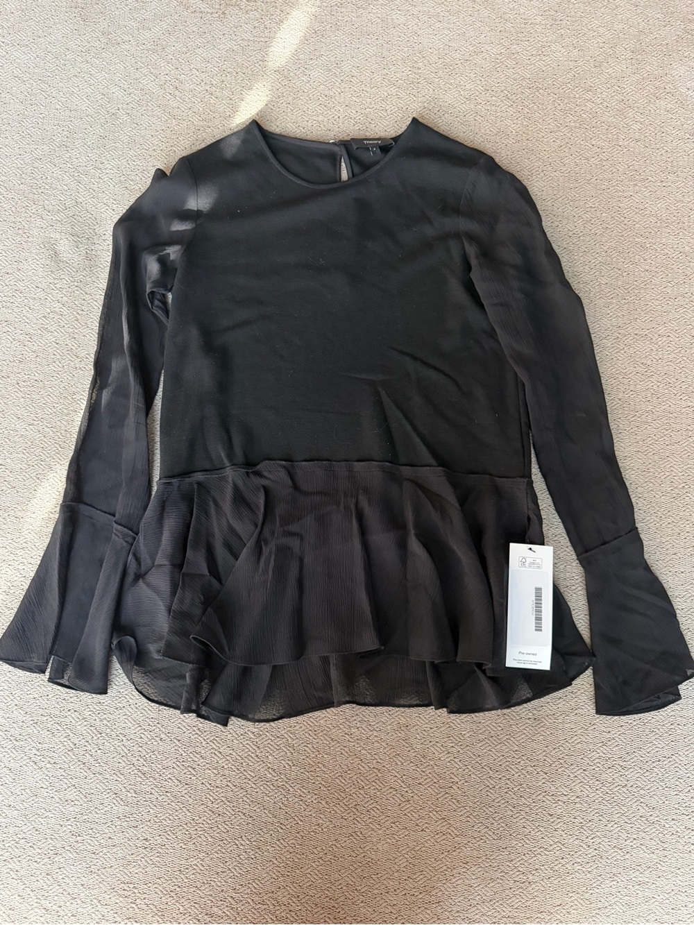 Theory Black Sheer Sleeve Peplum Blouse Keyhole Back Size P